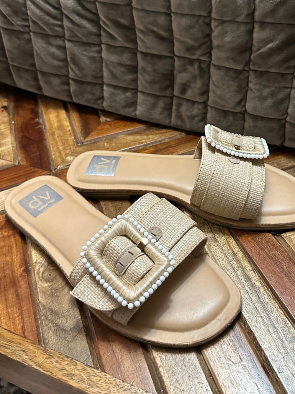 Dolce Vita Natural Beige Beaded Buckle Slide Sandals - Picture 3 of 3